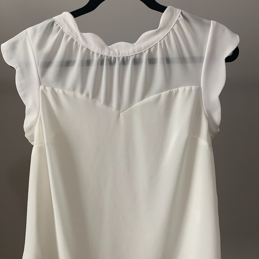 White Sheer Scalloped, Capped Sleeve Shirt